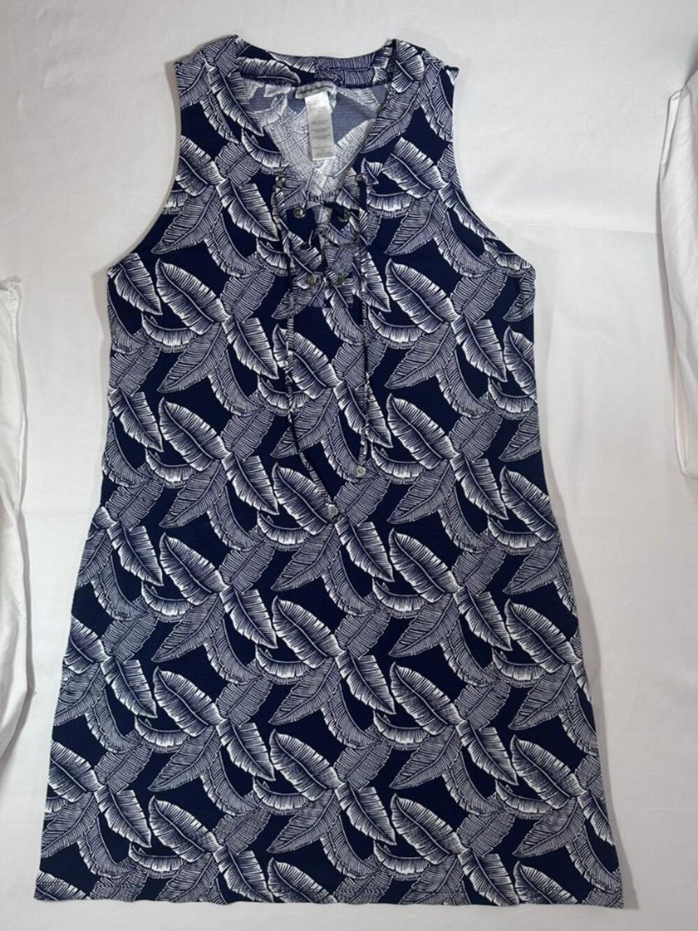 Tommy Bahama Navy Blue White Leaf Print Lace-Up Coverup Dress-Size M